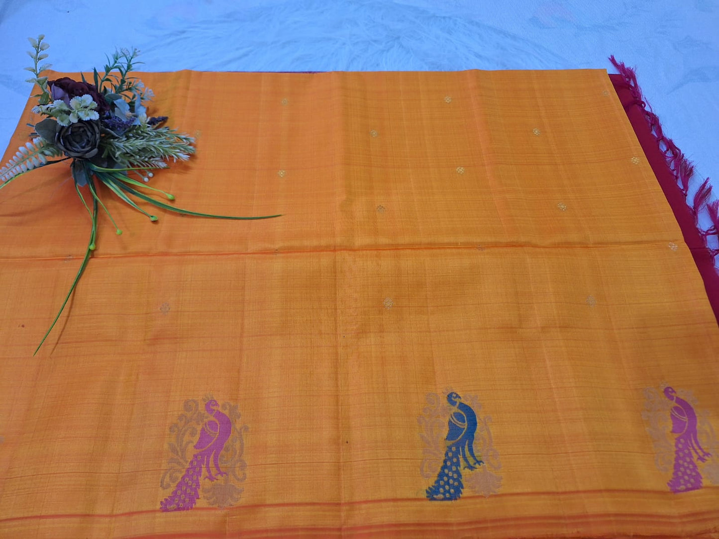 Pure Handloom Soft Silk - Yellow Pink peacock design