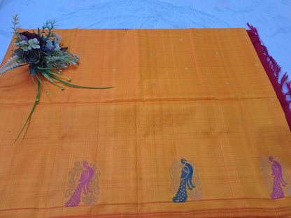 Pure Handloom Soft Silk - Yellow Pink peacock design