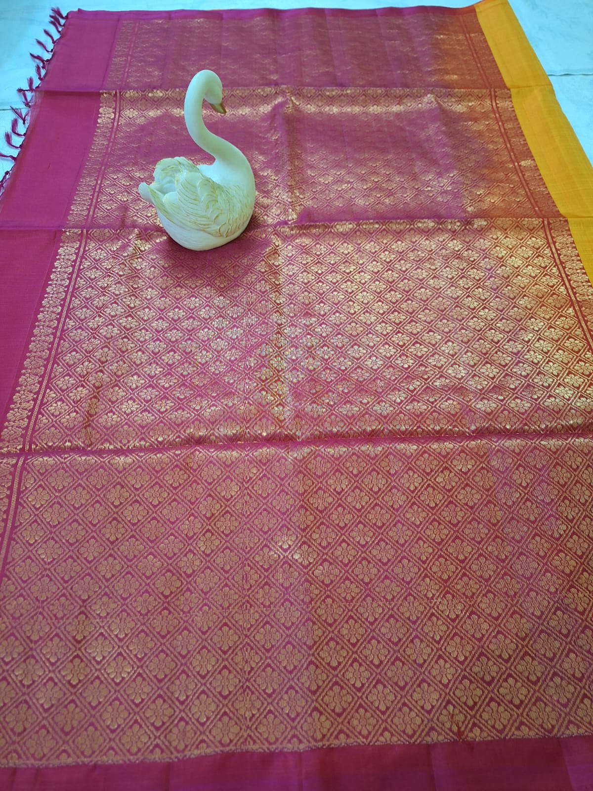 Pure Handloom Soft Silk - Yellow Pink peacock design