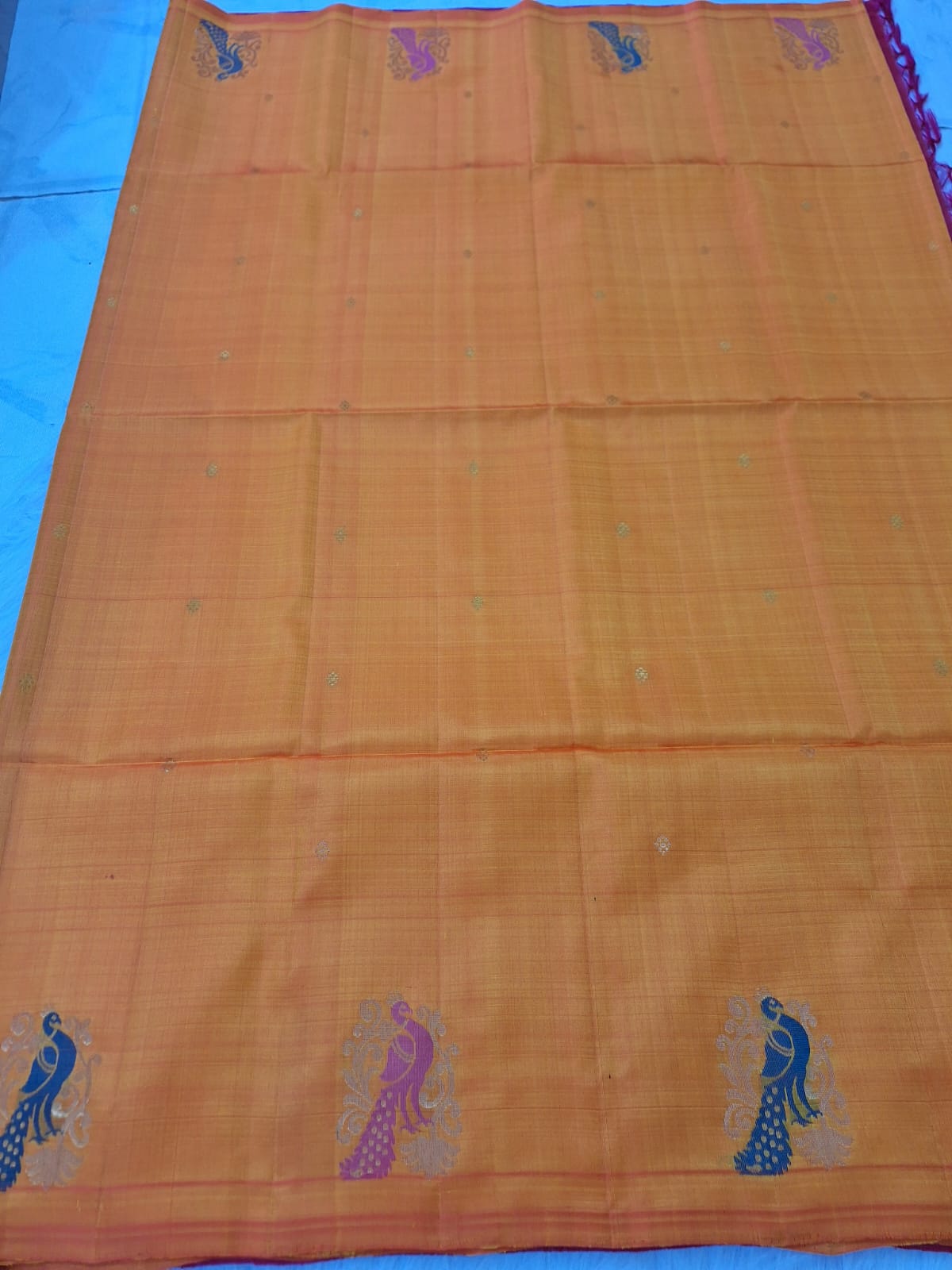 Pure Handloom Soft Silk - Yellow Pink peacock design