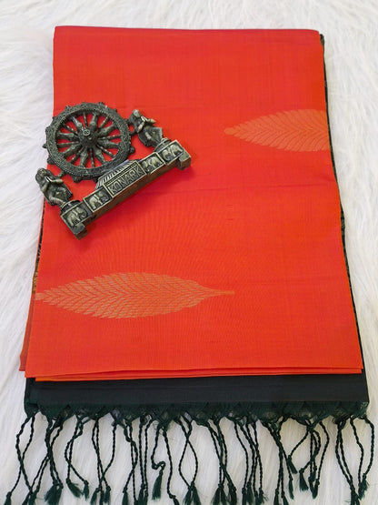 Pure Handloom Soft Silk - Orange & Green Borderless Pattern