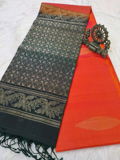 Pure Handloom Soft Silk - Orange & Green Borderless Pattern