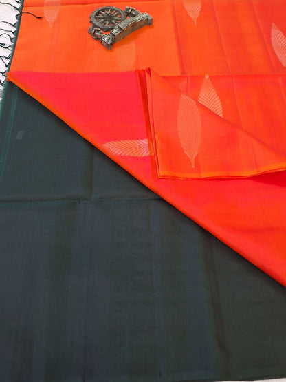 Pure Handloom Soft Silk - Orange & Green Borderless Pattern