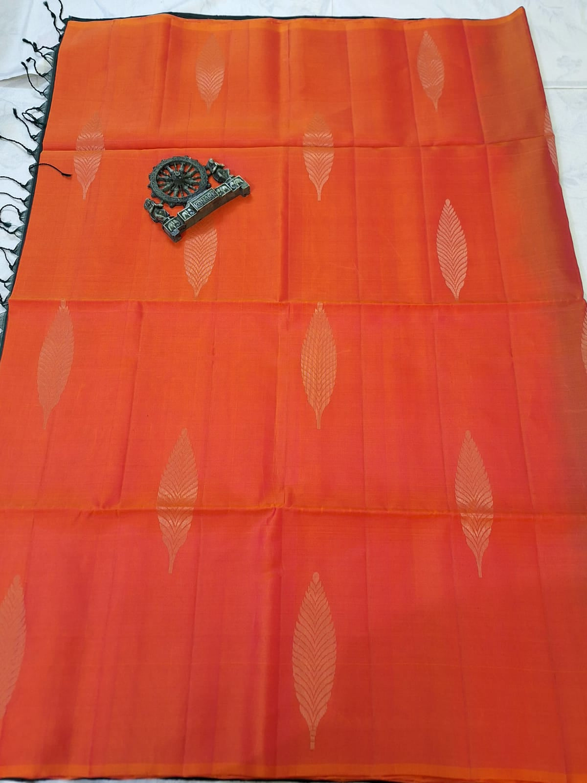 Pure Handloom Soft Silk - Orange & Green Borderless Pattern