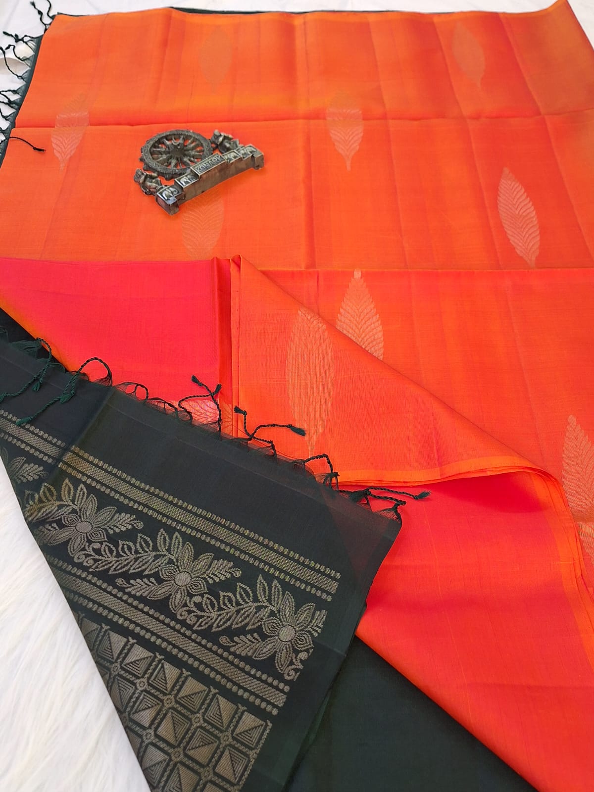 Pure Handloom Soft Silk - Orange & Green Borderless Pattern