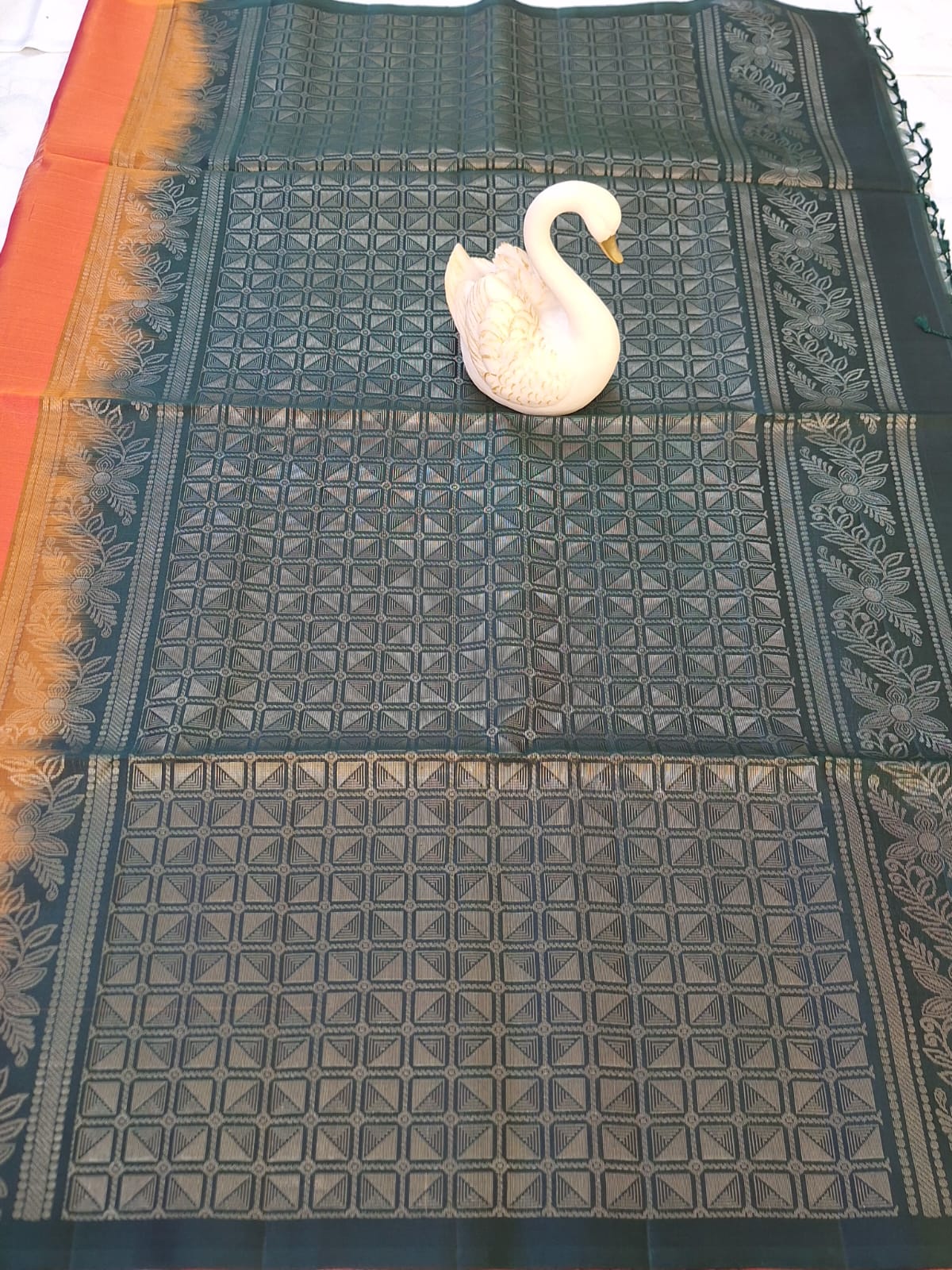 Pure Handloom Soft Silk - Orange & Green Borderless Pattern