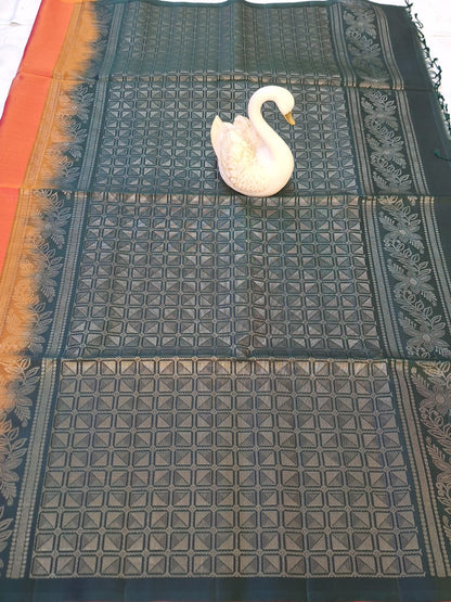 Pure Handloom Soft Silk - Orange & Green Borderless Pattern