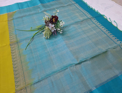 Pure Handloom Soft Silk - Parrot Green & Ocean Blue Gandaberundu motifs