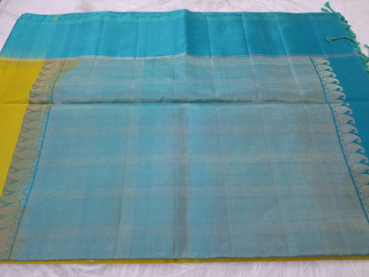 Pure Handloom Soft Silk - Parrot Green & Ocean Blue Gandaberundu motifs