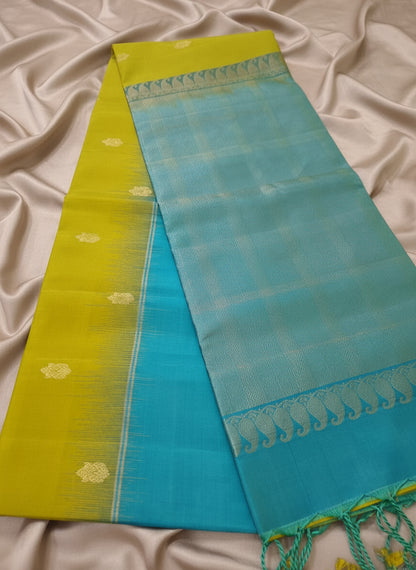 Pure Handloom Soft Silk - Parrot Green & Ocean Blue Gandaberundu motifs