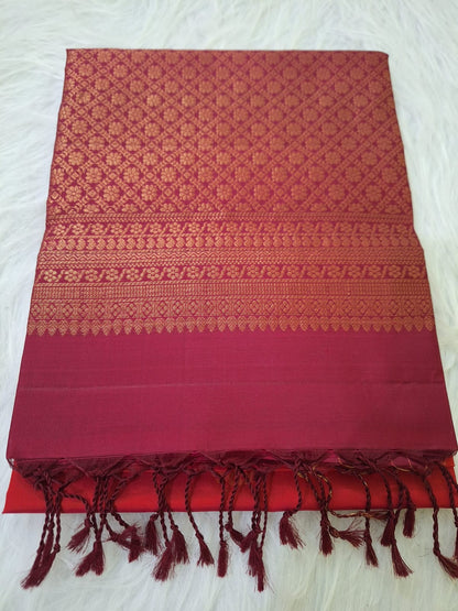 Pure Handloom Soft Silk - Brick red & Maroon Line drops & Peepal leaf motifs