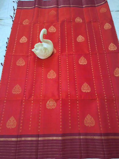 Pure Handloom Soft Silk - Brick red & Maroon Line drops & Peepal leaf motifs