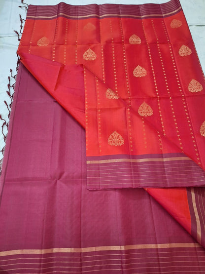 Pure Handloom Soft Silk - Brick red & Maroon Line drops & Peepal leaf motifs