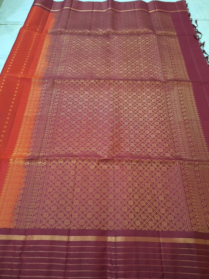 Pure Handloom Soft Silk - Brick red & Maroon Line drops & Peepal leaf motifs