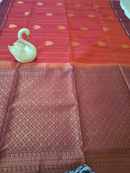 Pure Handloom Soft Silk - Brick red & Maroon Line drops & Peepal leaf motifs