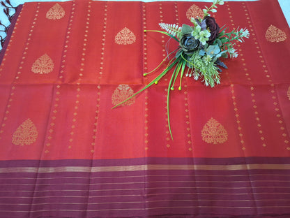 Pure Handloom Soft Silk - Brick red & Maroon Line drops & Peepal leaf motifs
