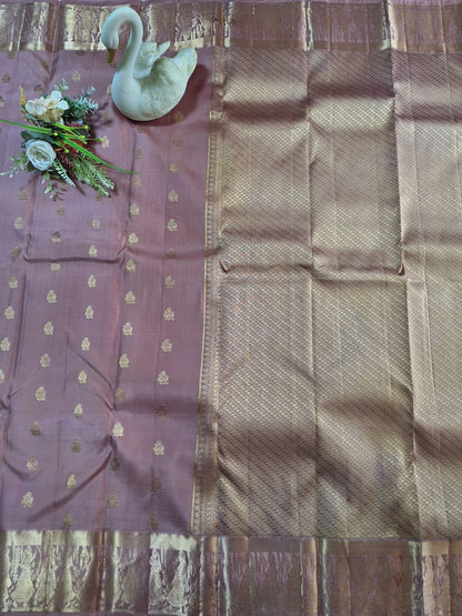 Pure Handloom Kanjeevaram - Dusty Rose Pink Temple theme Border