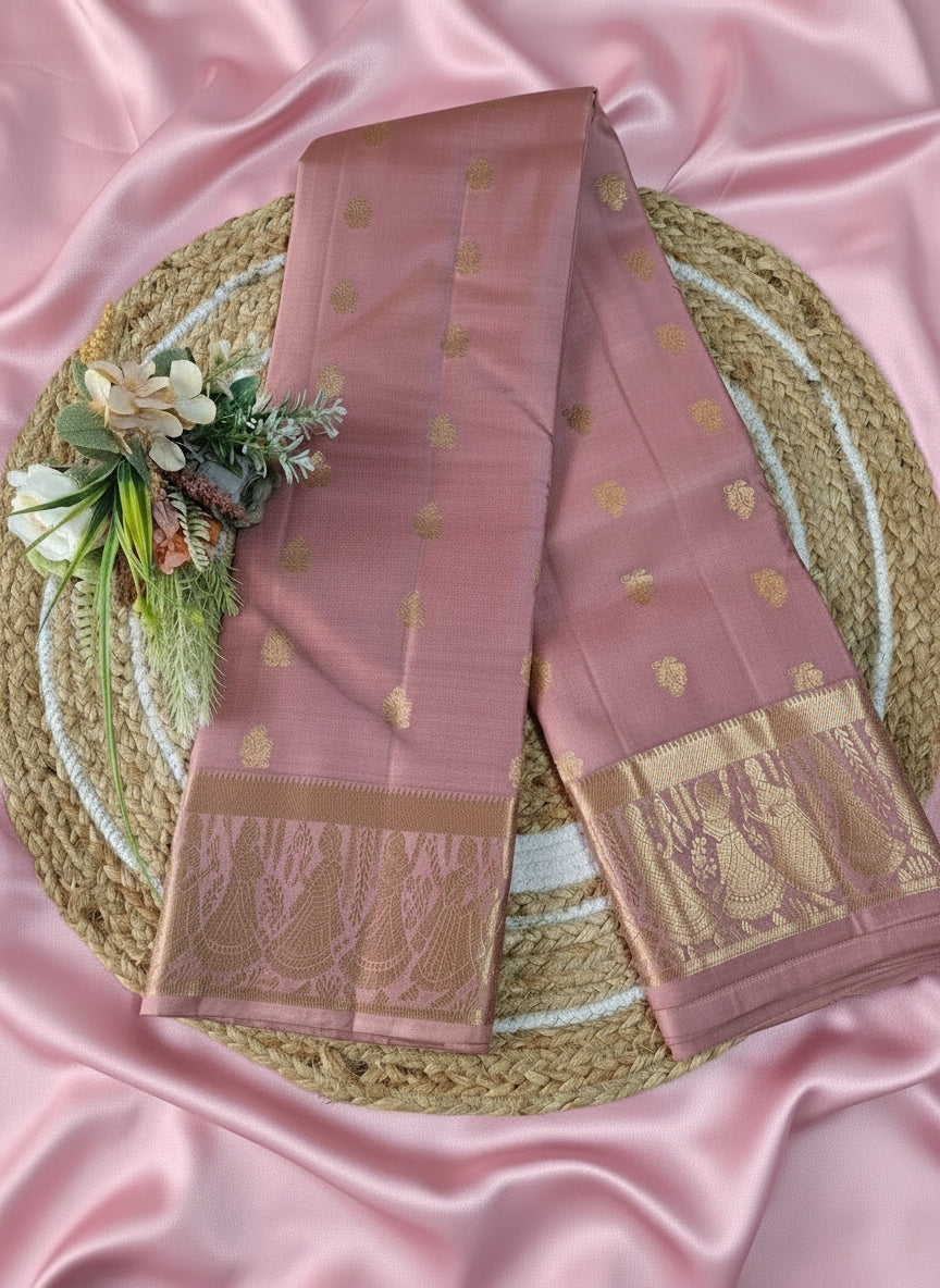 Pure Handloom Kanjeevaram - Dusty Rose Pink Temple theme Border