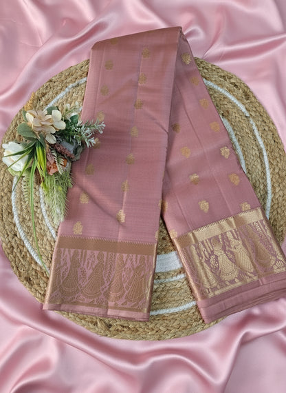 Pure Handloom Kanjeevaram - Dusty Rose Pink Temple theme Border