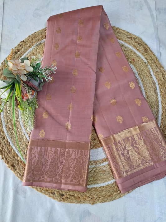 Pure Handloom Kanjeevaram - Dusty Rose Pink Temple theme Border