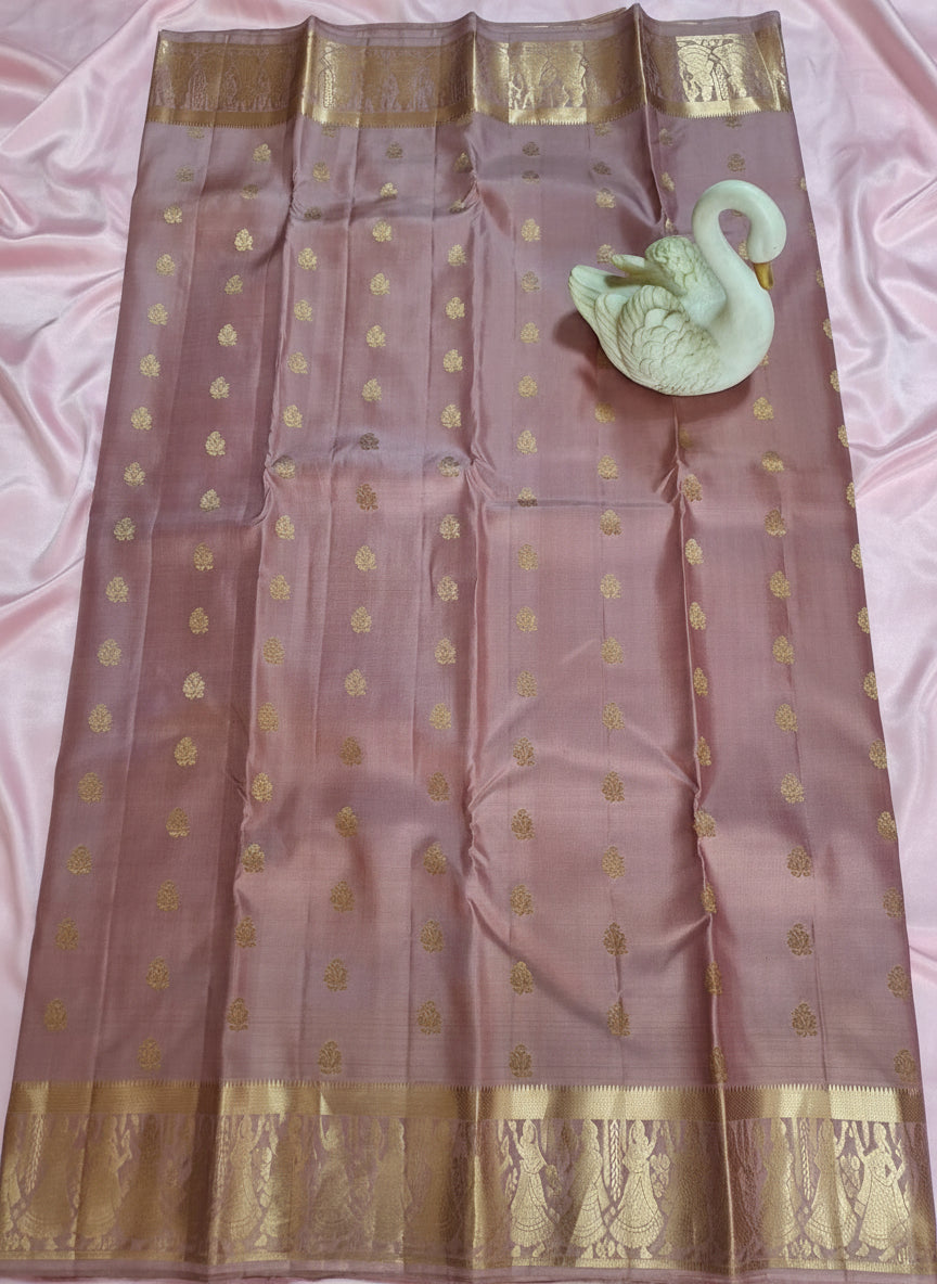 Pure Handloom Kanjeevaram - Dusty Rose Pink Temple theme Border