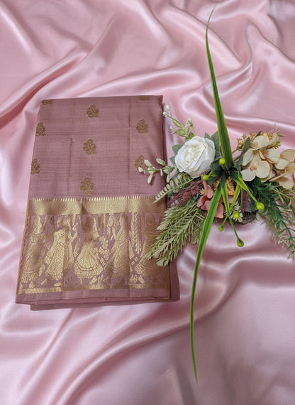 Pure Handloom Kanjeevaram - Dusty Rose Pink Temple theme Border