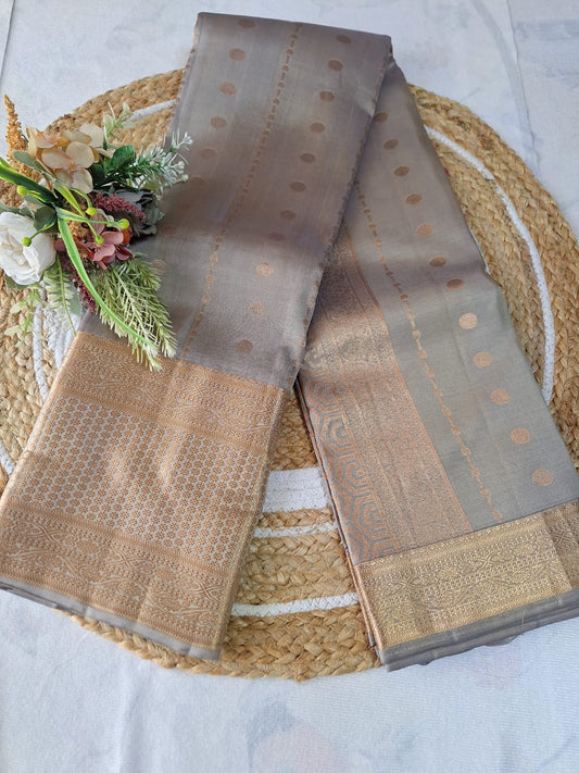 Pure Hanloom Kanjeevaram Silk - Greyish Olive & Golden Border Polka