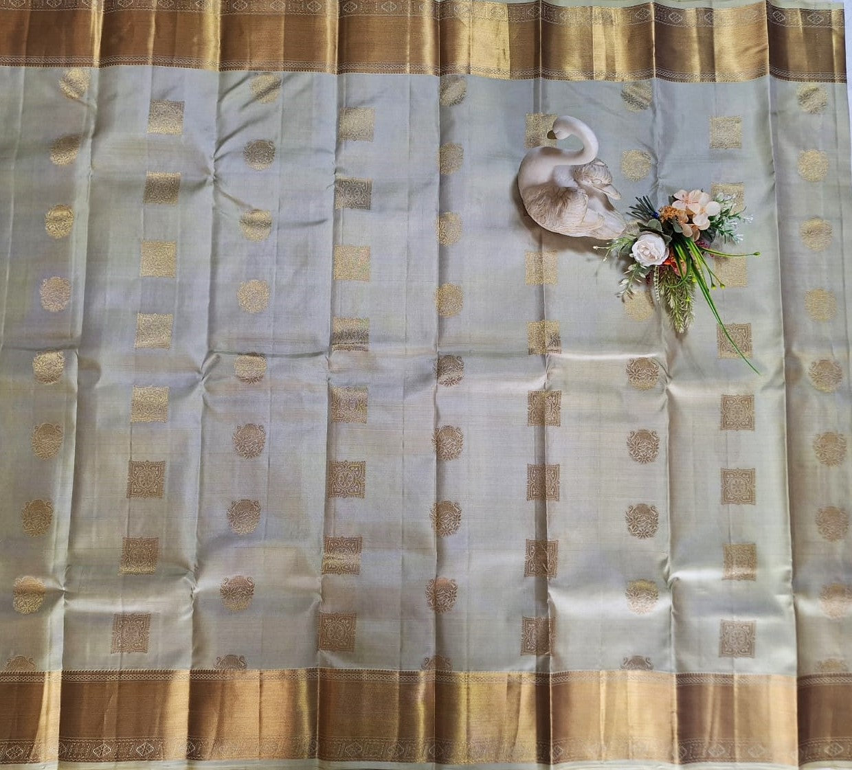 Pure Handloom Kanjeevaram Silk - Pastel Green with Golden Zari Border