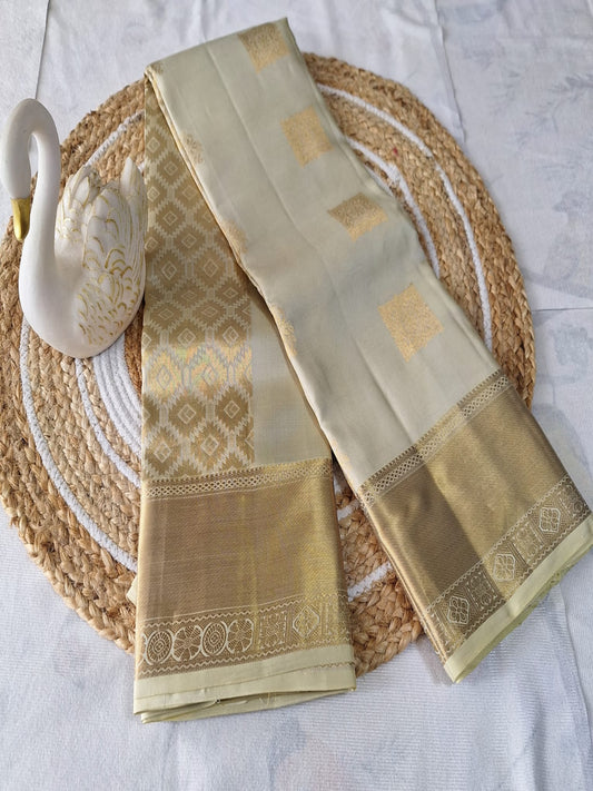Pure Handloom Kanjeevaram Silk - Pastel Green with Golden Zari Border