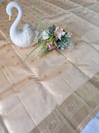Pure Handloom Kanjeevaram Silk - Creme & Golden Tone Floral Motifs