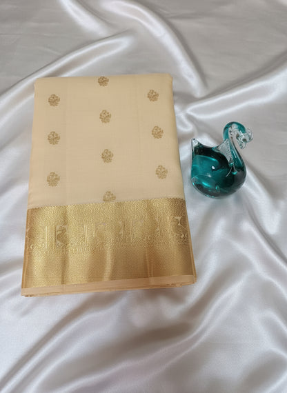 Pure Handloom Kanjeevaram Silk - Creme & Golden Tone Floral Motifs