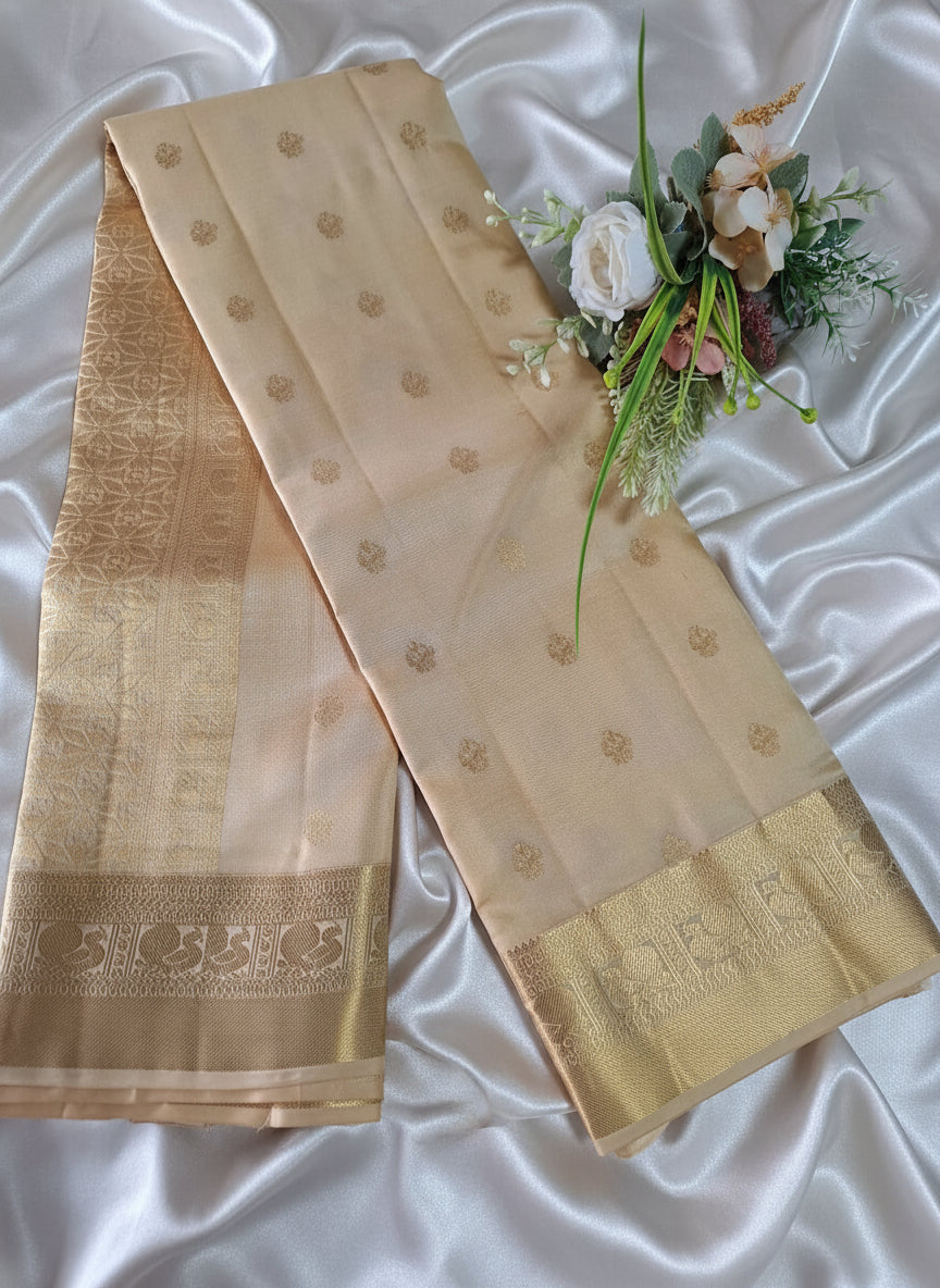 Pure Handloom Kanjeevaram Silk - Creme & Golden Tone Floral Motifs