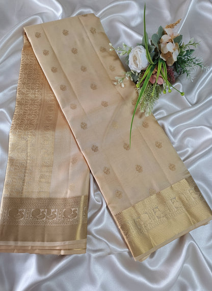 Pure Handloom Kanjeevaram Silk - Creme & Golden Tone Floral Motifs