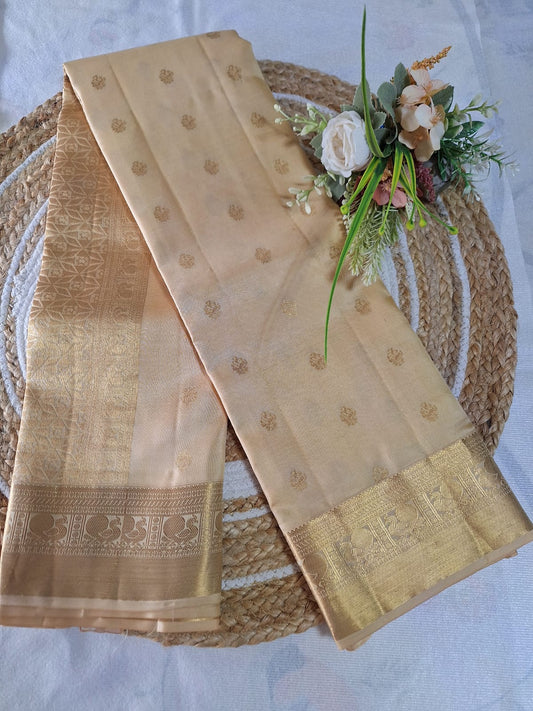 Pure Handloom Kanjeevaram Silk - Creme & Golden Tone Floral Motifs