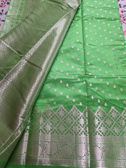 Pure Handloom Banarasi Silk - Parrot Green in light Gold Zari work