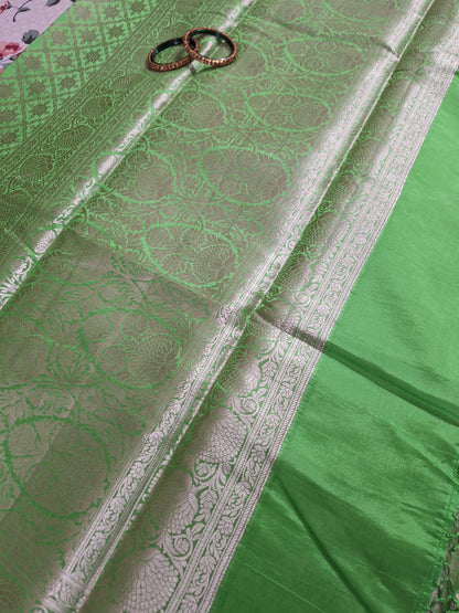 Pure Handloom Banarasi Silk - Parrot Green in light Gold Zari work
