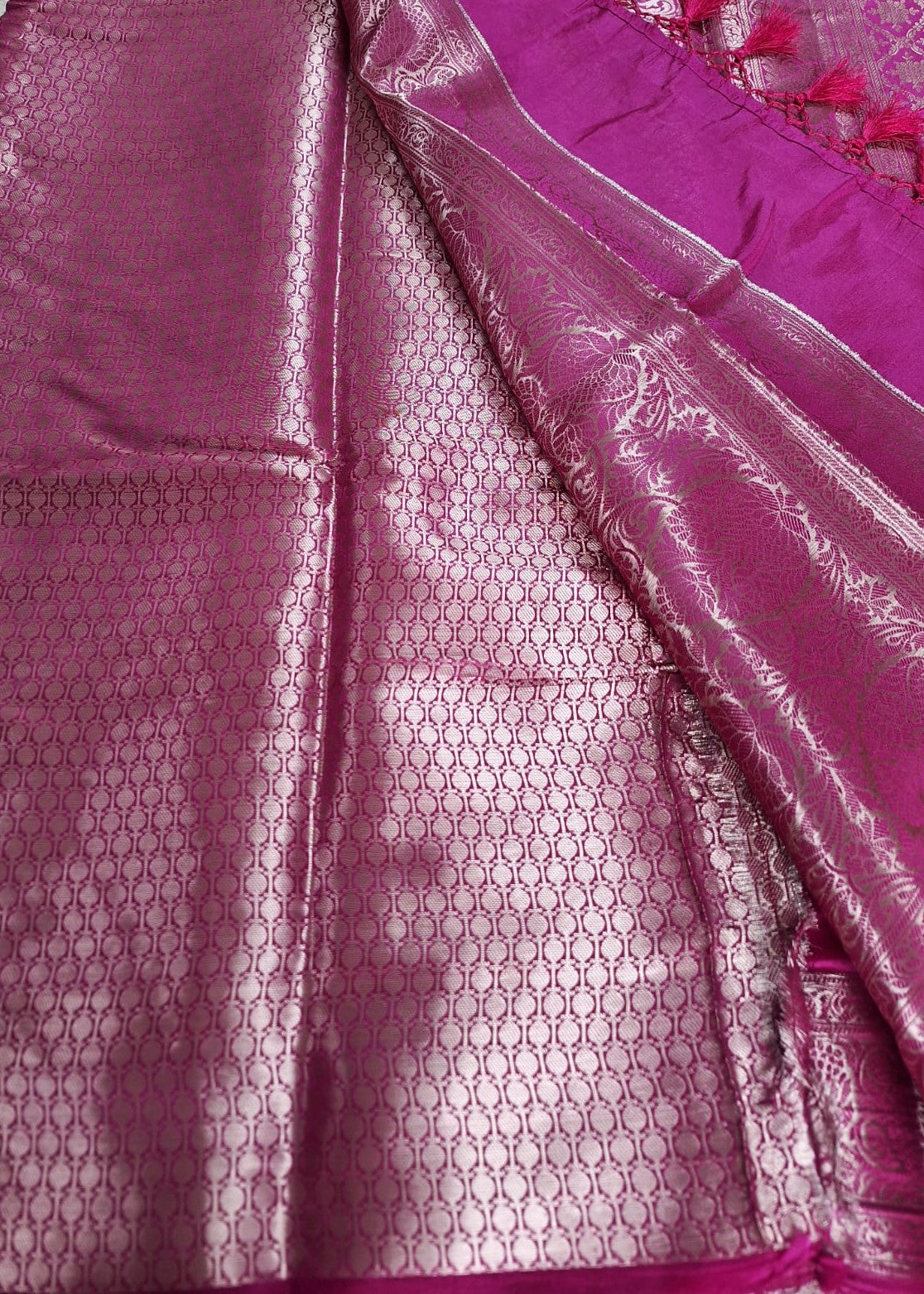 Pure Handloom Banarasi Silk - Fuchsia Pink in light Gold Zari work