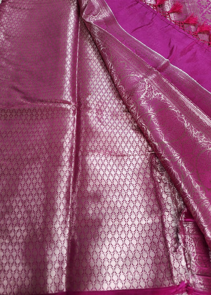 Pure Handloom Banarasi Silk - Fuchsia Pink in light Gold Zari work