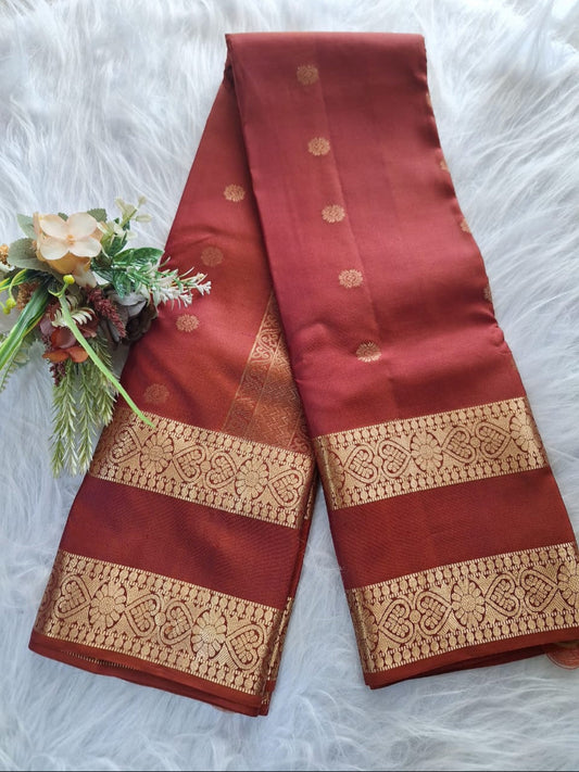 Pure Handloom Kanjeevaram Silk - Brick red Rudraksh & Bentex border