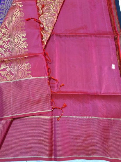 Pure Handloom Soft Silk - Navy Blue & Magenta Pink fountain Zari design