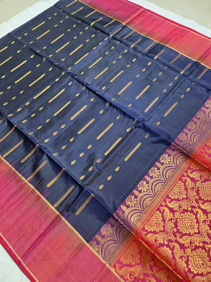 Pure Handloom Soft Silk - Navy Blue & Magenta Pink fountain Zari design