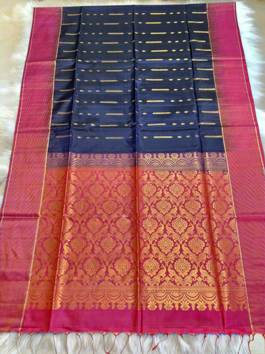 Pure Handloom Soft Silk - Navy Blue & Magenta Pink fountain Zari design
