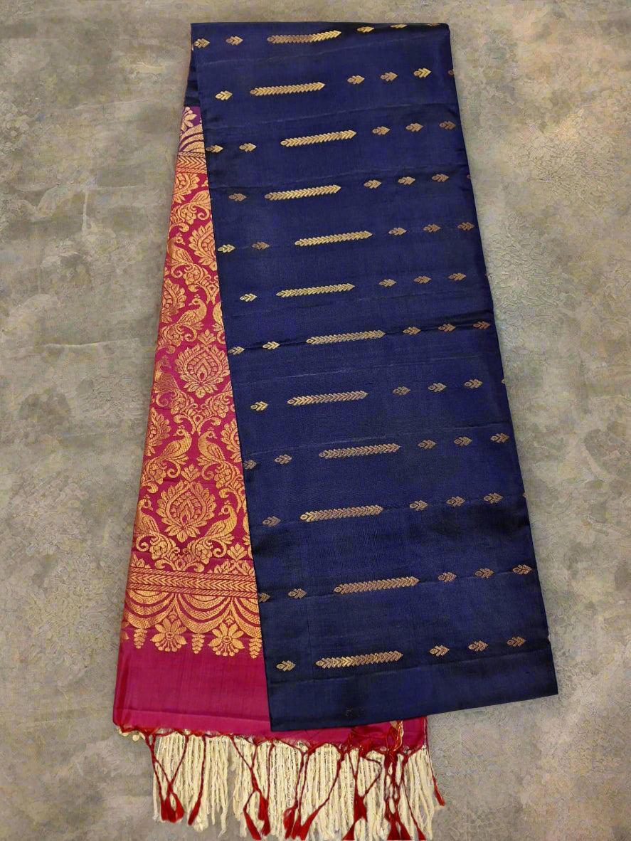 Pure Handloom Soft Silk - Navy Blue & Magenta Pink fountain Zari design