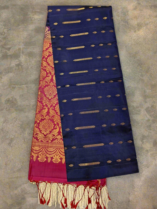 Pure Handloom Soft Silk - Navy Blue & Magenta Pink fountain Zari design