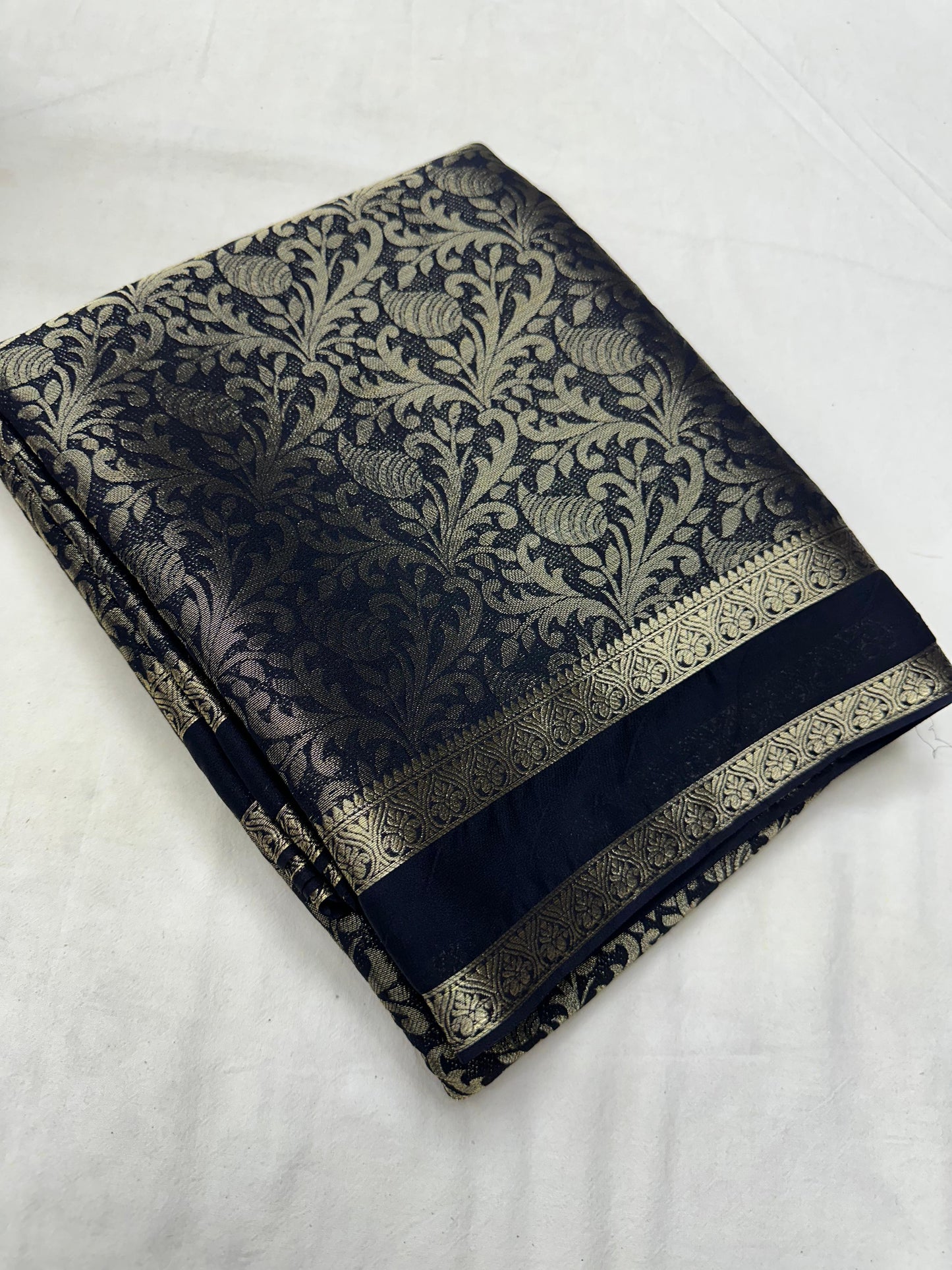Semi Mysore Crepe Silk - Black with Golden Brocade Weave
