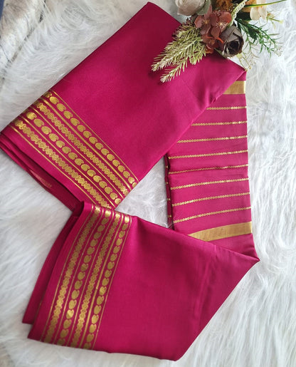 Pure Mysore Crepe Silk - Hot Pink Saree with golden Zari lines