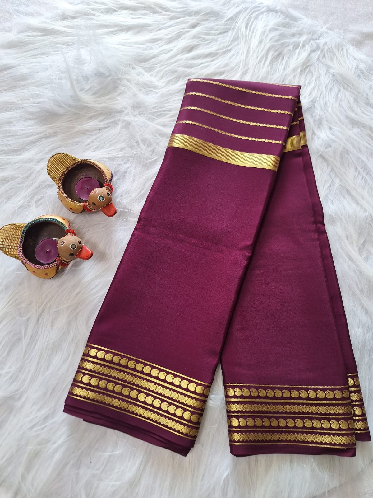 Pure Mysore Crepe Silk - Exotic Wine with center golden Zari lines