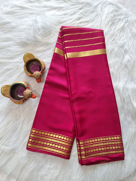 Pure Mysore Crepe Silk - Hot Pink Saree with golden Zari lines