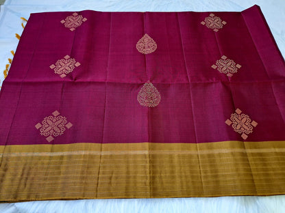 Pure Handloom Soft Silk - Maroon & Mustard with Rangoli & leaf motifs