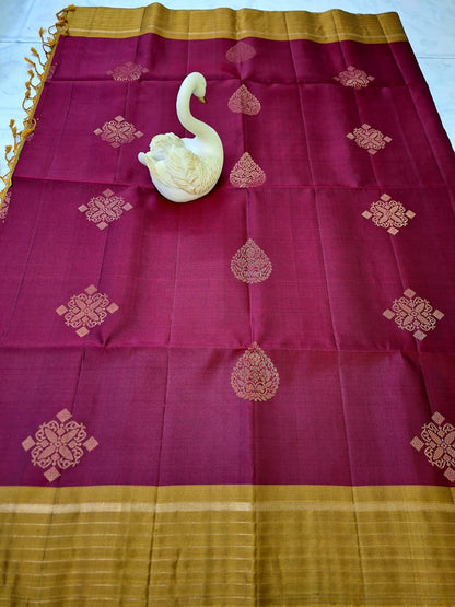 Pure Handloom Soft Silk - Maroon & Mustard with Rangoli & leaf motifs